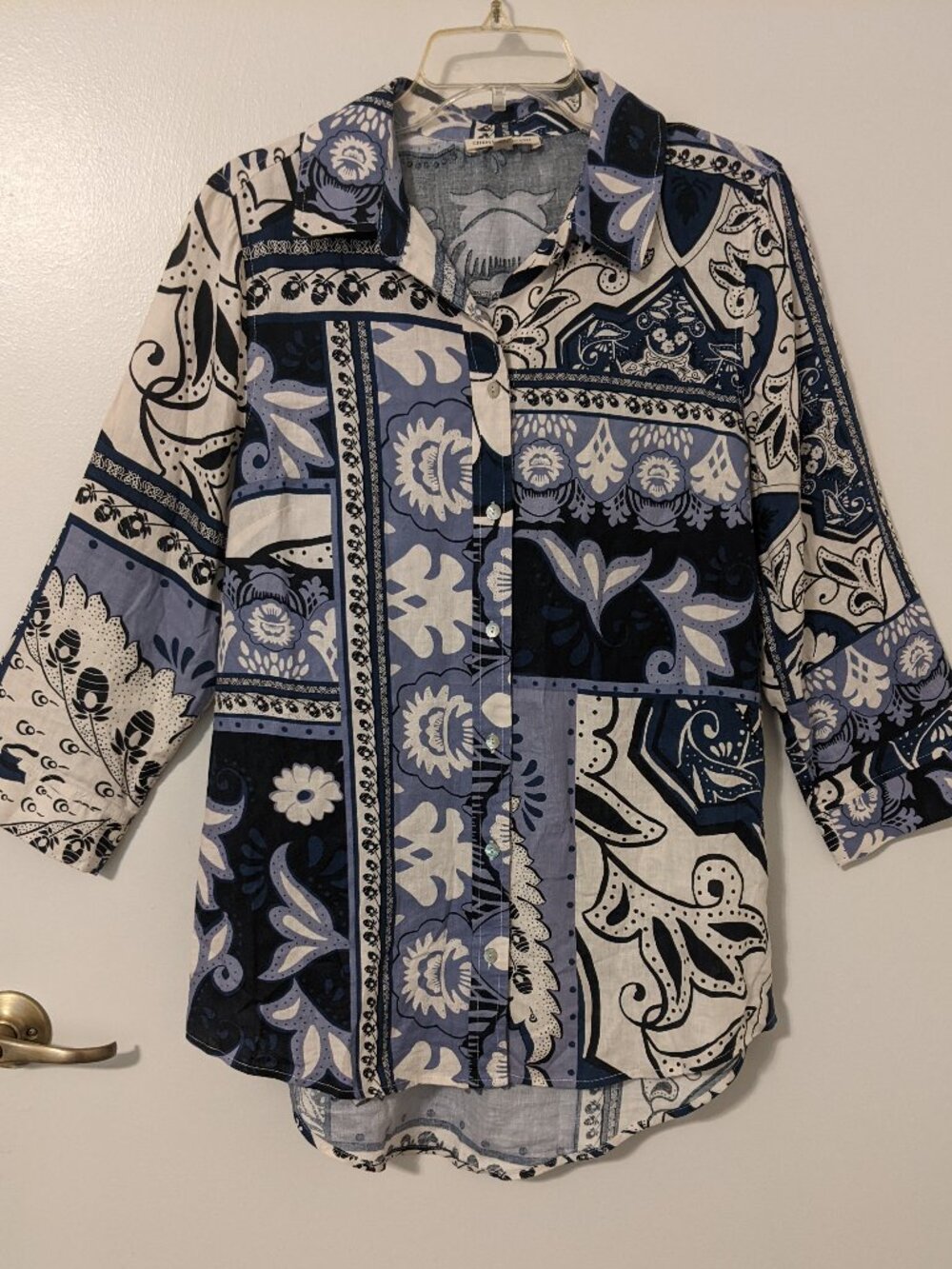 Christian Siriano NY Linen Blend Women’s Medium Shirt Patchwork Batik Print Boho